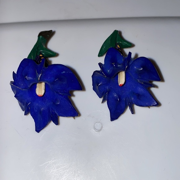Vintage handcrafted violet purple iris earrings and pins - Picture 3 of 5